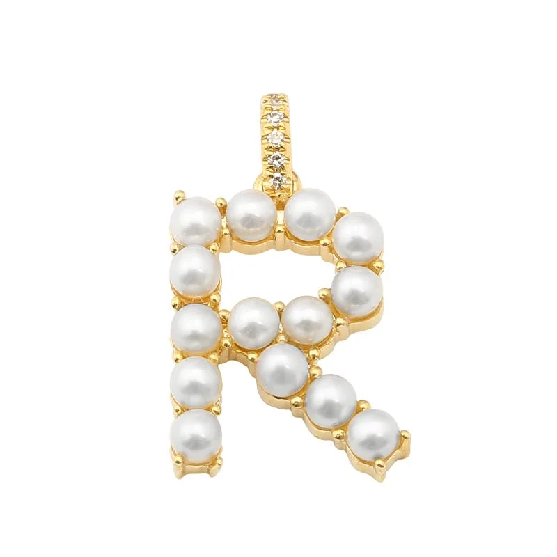 Women’s romantic necklace-14K Yellow Gold Pearl Initial “R” With Diamond Bail Pendant