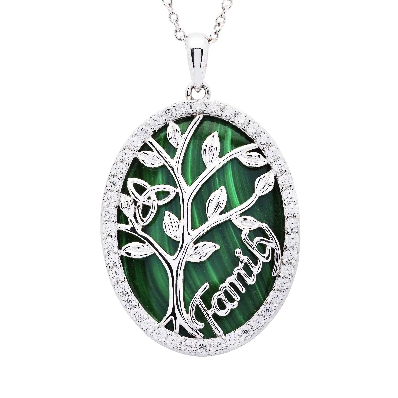 Women’s statement pendant necklace-Sterling Silver Tree of Life Malachite Pendant with Chain SP2290