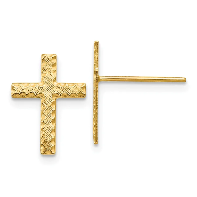 Women’s circular earrings-14KT Yellow Gold 13X10MM Diamond-cut Cross Earrings