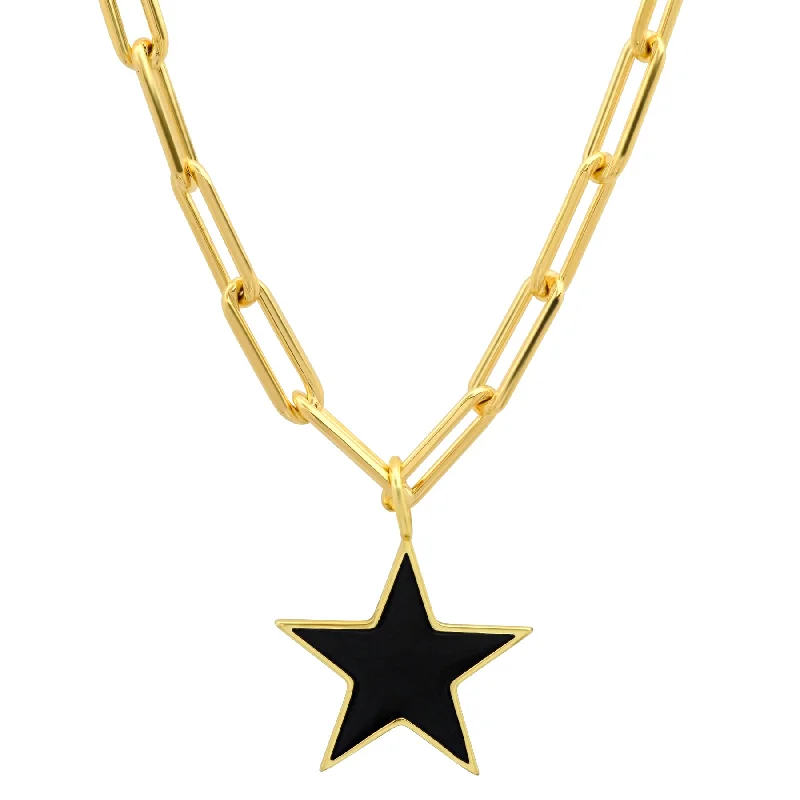 Women’s chunky chain necklace-STAR PAPERCLIP CHAIN BLACK ENAMEL GOLD