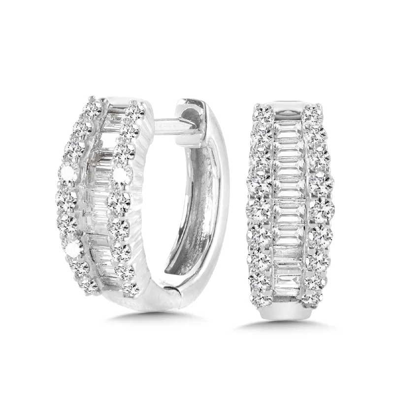 Women’s intricate engagement ring design-Baguette and Round Diamond Hoops in White Gold