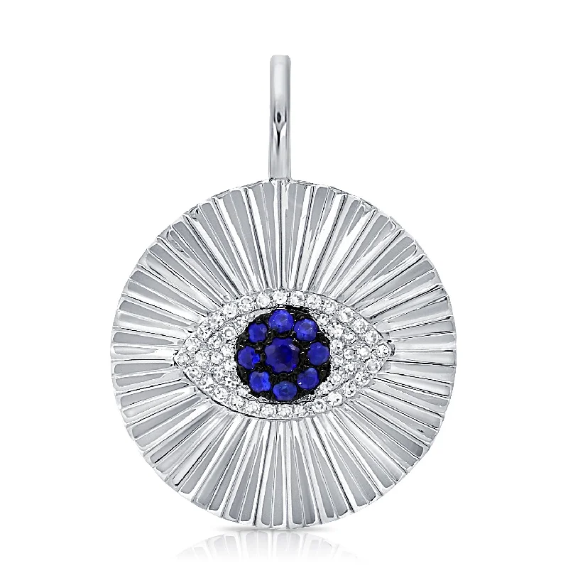 Women’s butterfly necklace-14K White Gold Diamond & Sapphire Evil Eye Fluted Charm Pendant