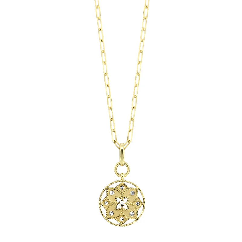 Women’s boho necklace-Diamond Flower Disc Pendant in 14 Karat Yellow Gold