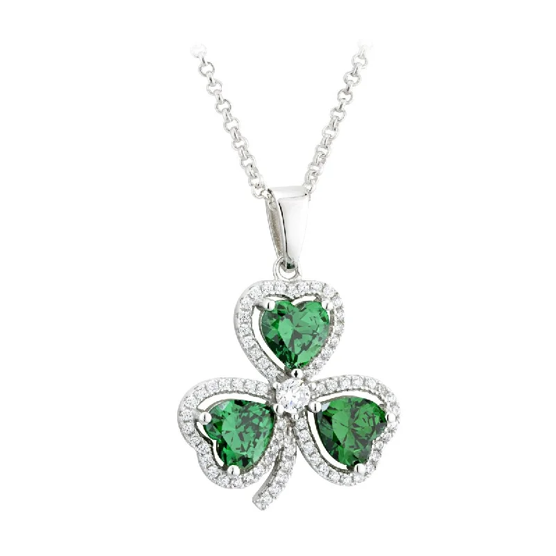 Women’s romantic necklace-Sterling Silver Shamrock Pendant with Green and White CZ Stones with Chain - S46187