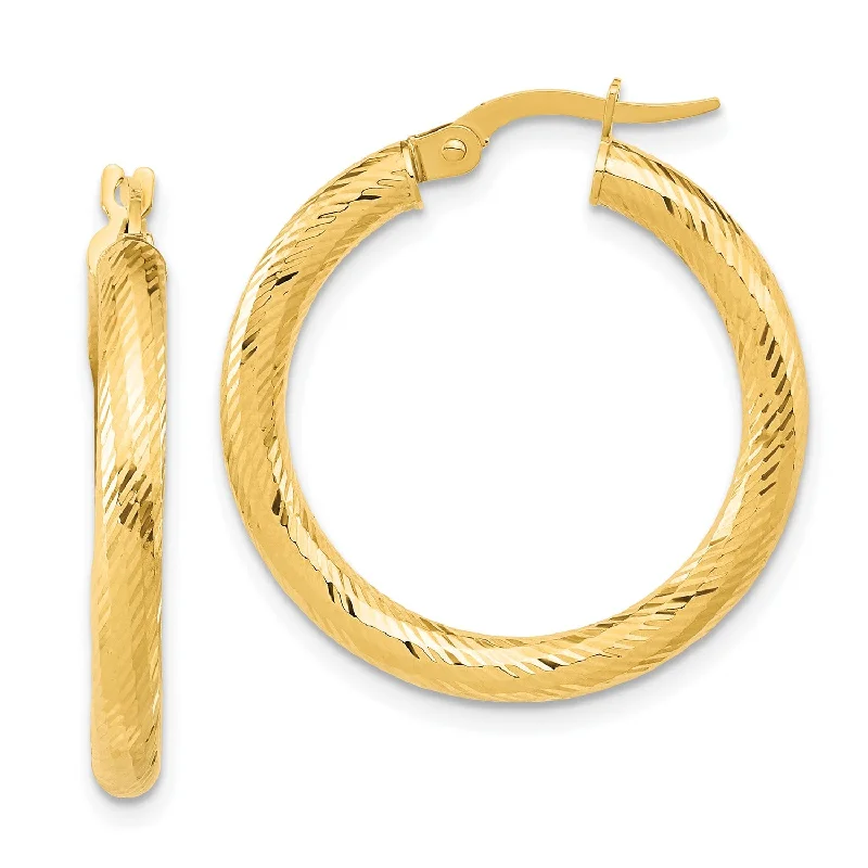 Women’s sterling silver drop earrings-14KT Yellow Gold 3X25MM Diamond-cut Hoop Earrings