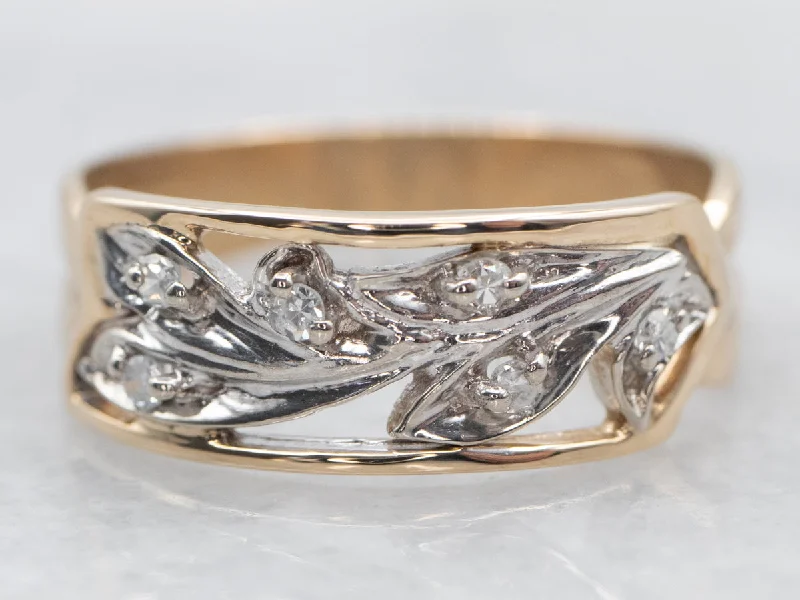 Women’s vintage engagement ring-Vintage Two Tone Botanical Diamond Band