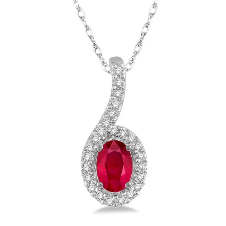 Women’s diamond necklace-10 Karat White Gold 6x4mm Ruby and 1/8 Carat Diamond Pendant