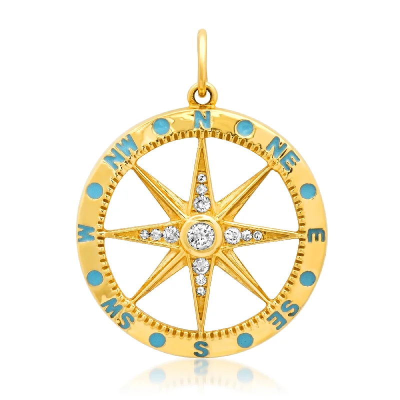 Women’s long necklace-Turquoise Enamel Directions Diamond MOP Pendant 14kt Gold