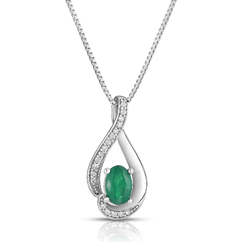 Women’s custom necklace-Oval Emerald Diamond Swirl May Birthstone Pendant in Sterling Silver