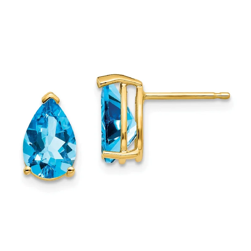 Women’s minimalist earrings-9X6MM Pear Swiss Blue Topaz Stud Earrings in 14KT Yellow Gold