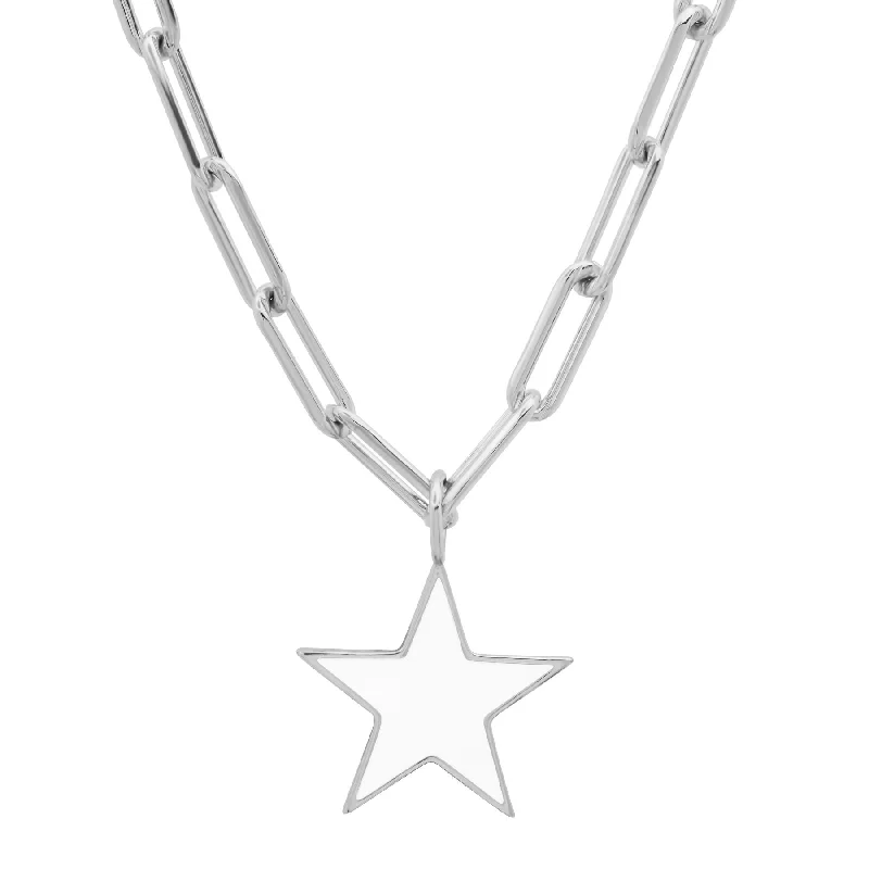 Women’s long pendant necklace-STAR PAPERCLIP CHAIN WHITE ENAMEL SILVER