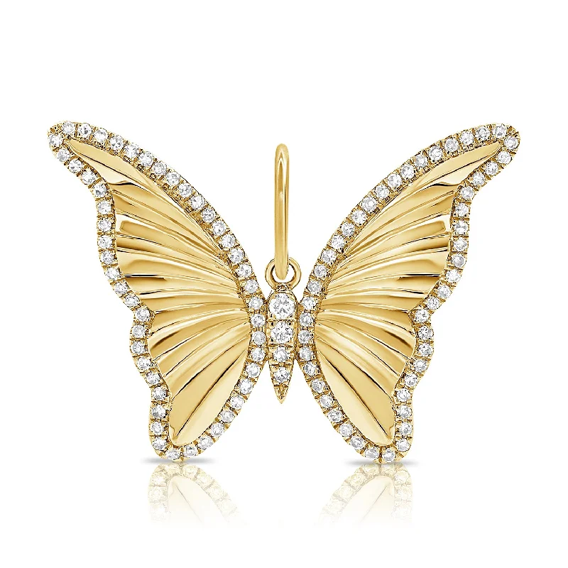 Women’s family necklace-14K Yellow Gold Diamond High Polished Butterfly Pendant