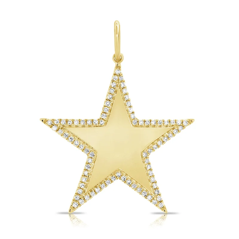 Women’s simple gold necklace-14K Yellow Gold Diamond Border Large Polished Star Pendant