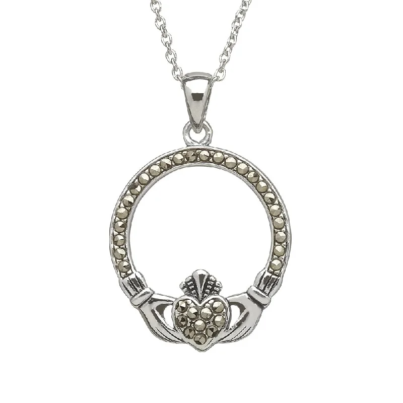 Women’s sparkling necklace-Sterling Silver Marcasite Claddagh Pendant with Chain - ANU1106