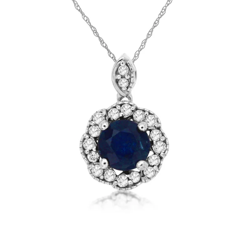 Women’s bold statement necklace-14 Karat White Gold Sapphire and Diamond Halo Pendant