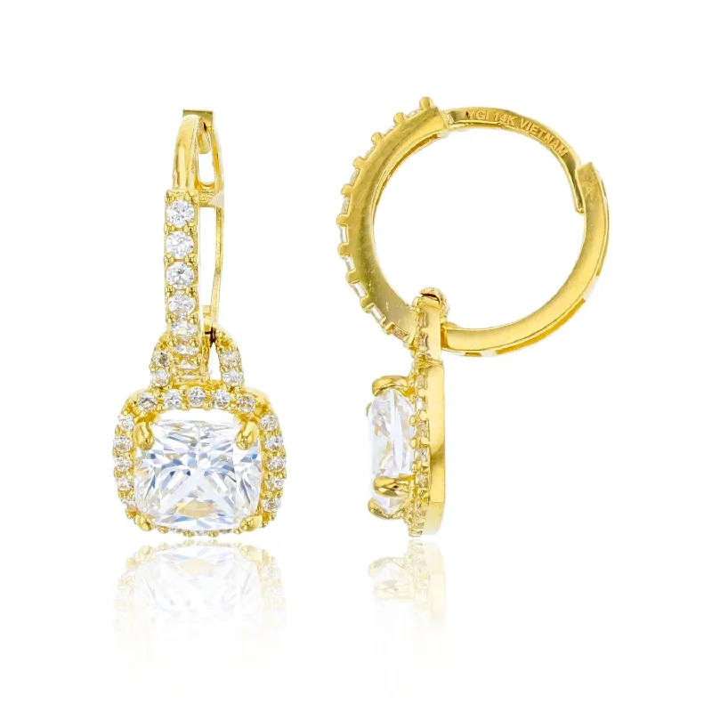 Women’s floral earrings-14KT Yellow Gold 6MM Cushion Cubic Zirconia Drop & Dangle Huggie Earrings