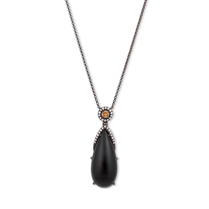 Women’s gold chain necklace-Black Agate Pendant with Diamonds and Black Rhodium