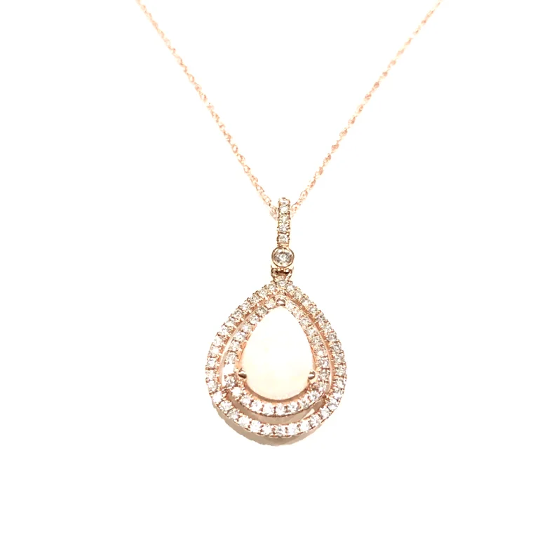 Women’s anniversary pendant necklace-14k Rose Gold 1.60ctw Opal and Diamond Halo Pendant