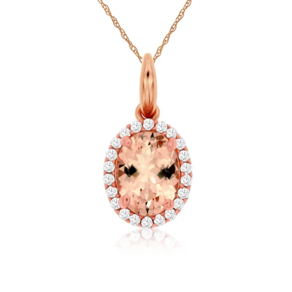 Women’s custom gold necklace-Rose Gold Oval Morganite and Diamond Halo Pendant