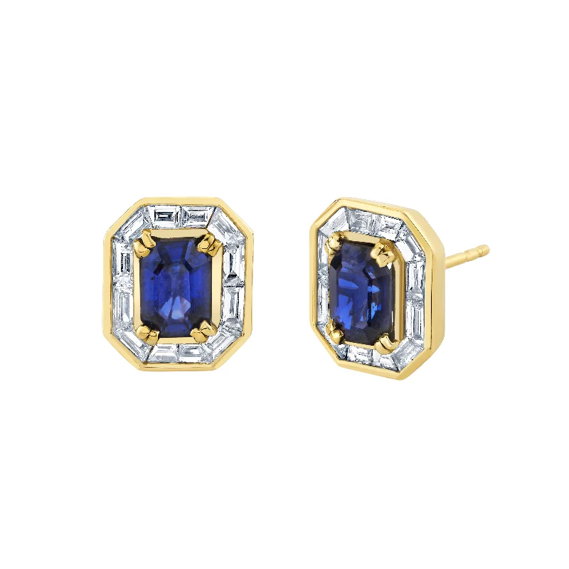 Women’s wedding earrings-Sapphire and Baguette Diamond Studs