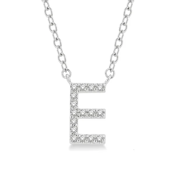 Women’s nameplate necklace-1/20 ctw Initial 'E' Round Cut Diamond Pendant With Chain in 10K White Gold