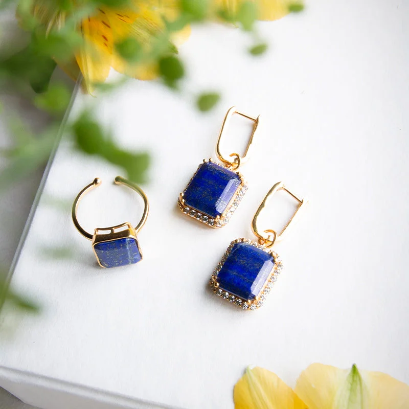 Women’s gold earrings-Octagon Cut Lapis Hoops