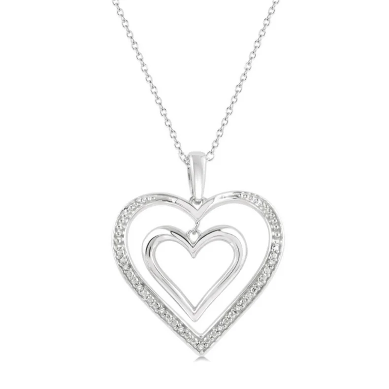 Women’s minimalist necklace-1/50 ctw Twin Heart Round Cut Diamond Pendant With Chain in Silver