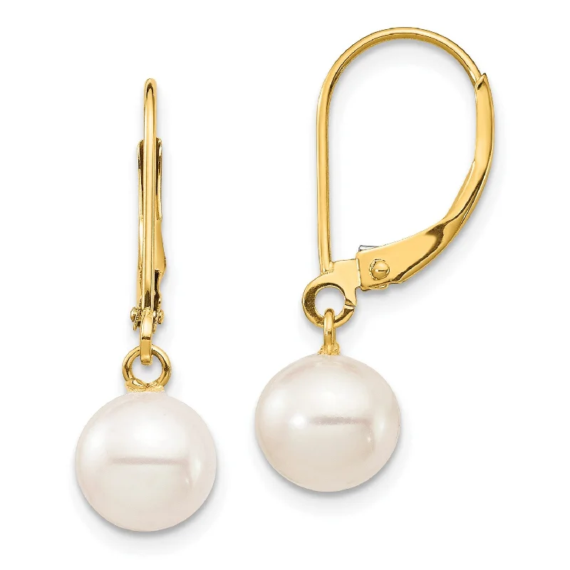 Women’s dangling earrings-7MM Round Pearl Leverback Earrings in 14KT Yellow Gold