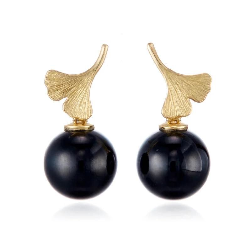 Women’s playful earrings-Ginkgo Black Jade Drop Earrings