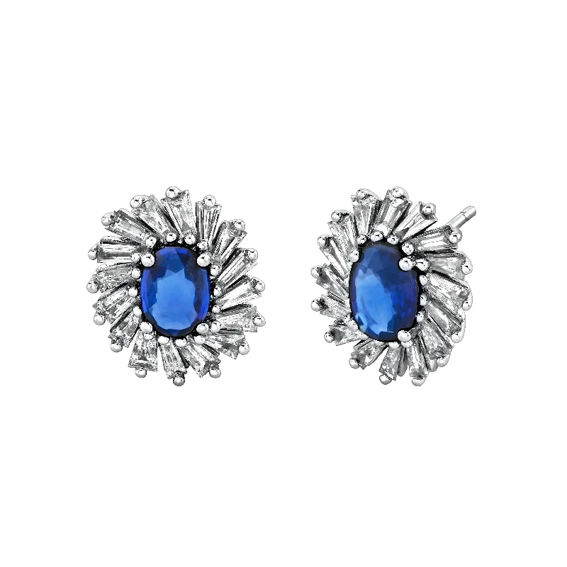 Women’s long drop earrings-Sapphire and Baguette Halo Studs