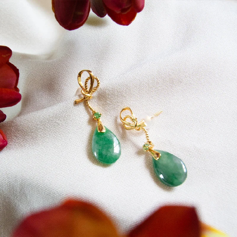 Women’s crystal earrings-Ribbon with Tsavorite and Jade 18K Gold Earrings