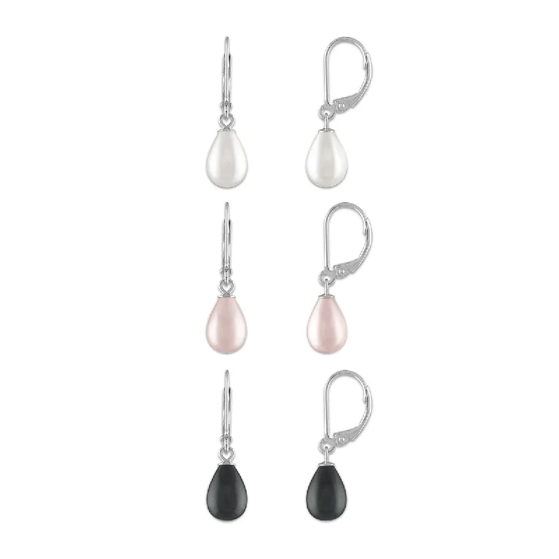 Women’s trendy drop earrings-7MM Shell Pearl 3-Pair Earrings in Sterling Silver