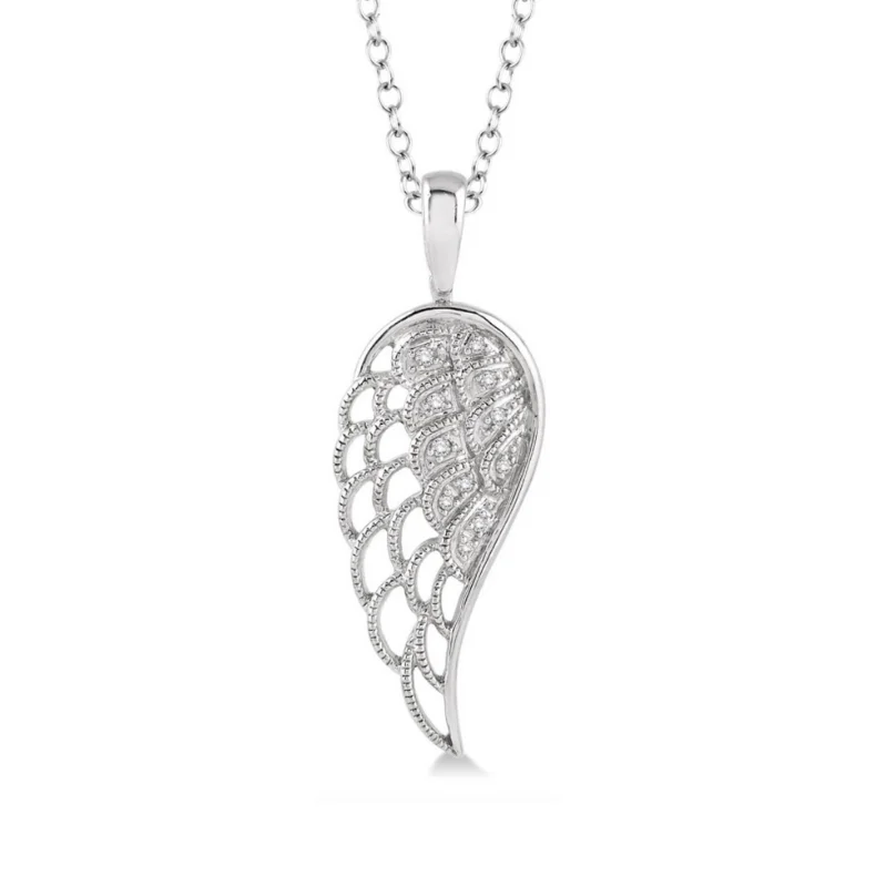 Women’s art nouveau necklace-1/20 Ctw Round Cut Diamond Angel Wing Pendant in Sterling Silver with Chain