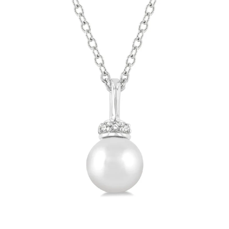 Women’s choker necklace-1/20 ctw Petite 6X6 MM Cultured Pearl and Round Cut Diamond Crown Fashion Pendant With Chain in 10K White Gold