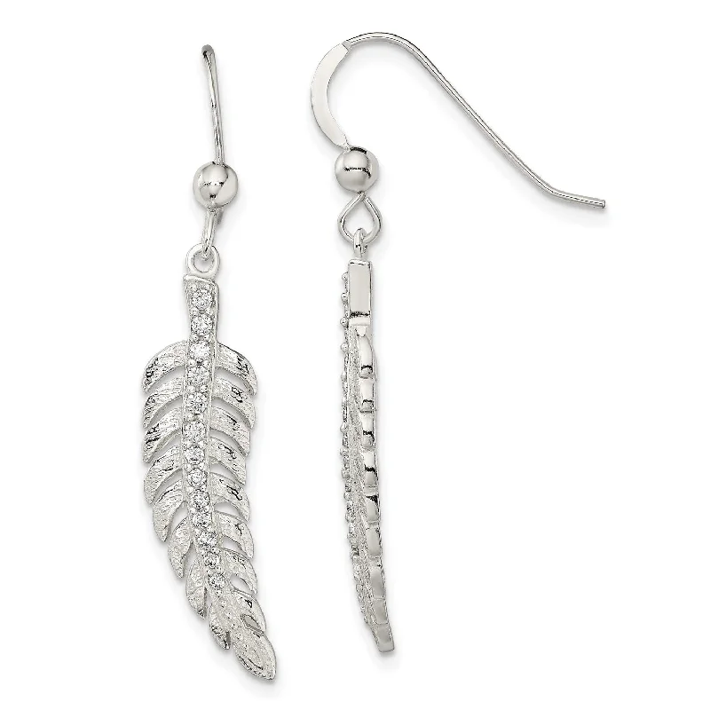 Women’s gold-plated earrings-Sterling Silver Cubic Zirconia 39X7MM Drop & Dangle Feather Earrings