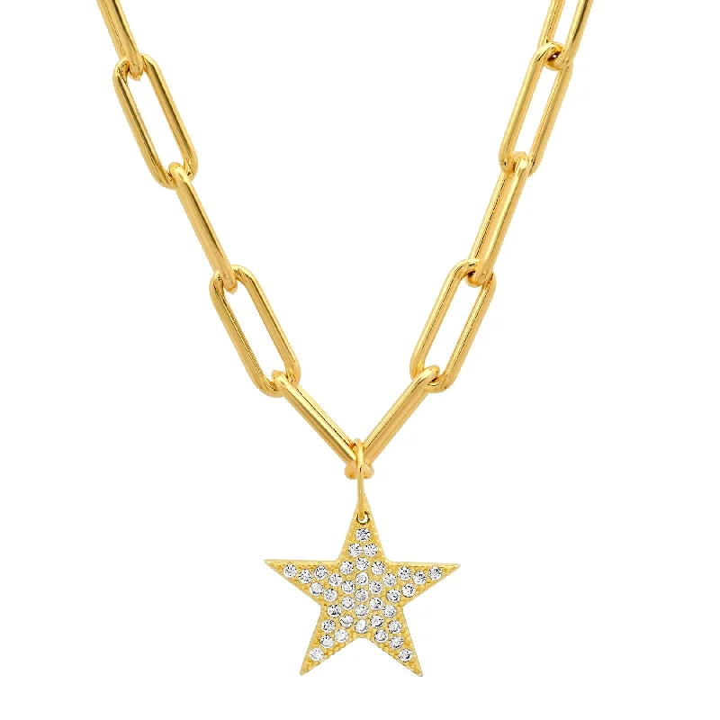 Women’s anniversary pendant necklace-PAVE CZ STAR PAPERCLIP CHAIN GOLD