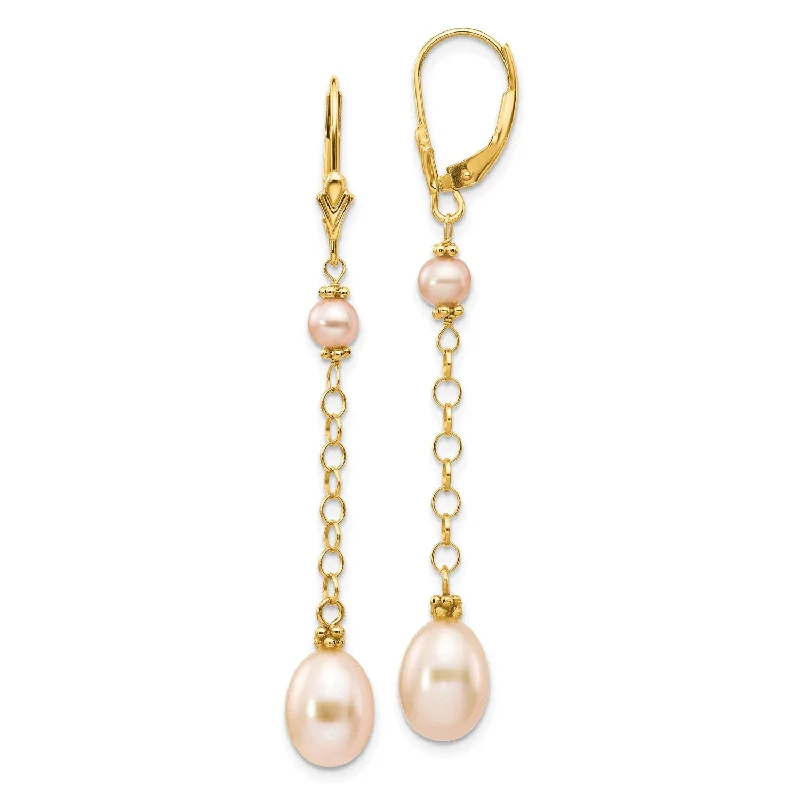 Women’s designer earrings-8X5MM Pearl Leverback Earrings in 14KT Yellow Gold