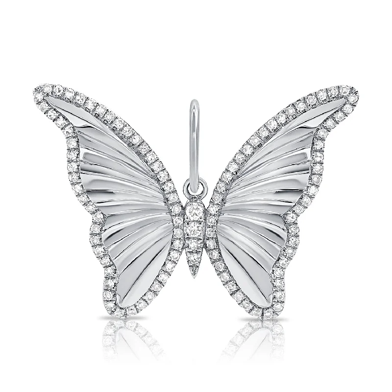 Women’s anniversary necklace-14K White Gold Diamond High Polished Butterfly Pendant