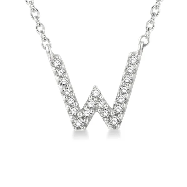 Women’s silver chain necklace-1/20 ctw Initial 'W' Round Cut Diamond Pendant With Chain in 10K White Gold