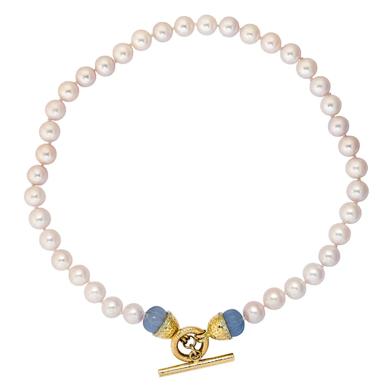 Women’s modern engagement ring-Neckbeads- Pearl Beads with Chalcedony and Diamond Toggle  (2216B)