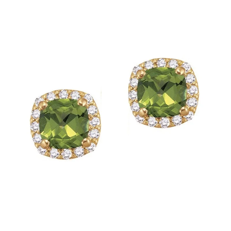 Women’s stud pearl earrings-5MM Cushion Peridot and White Sapphire Birthstone Halo Stud Earrings in 10KT Yellow Gold