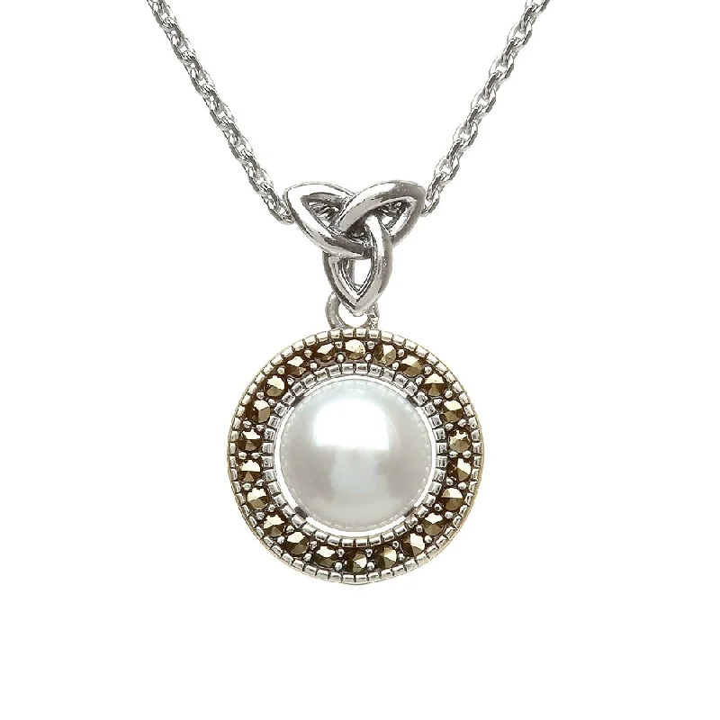 Women’s silver necklace-Sterling Silver Marcasite Trinity Fresh Water Pearl Pendant and Chain - ANU1140