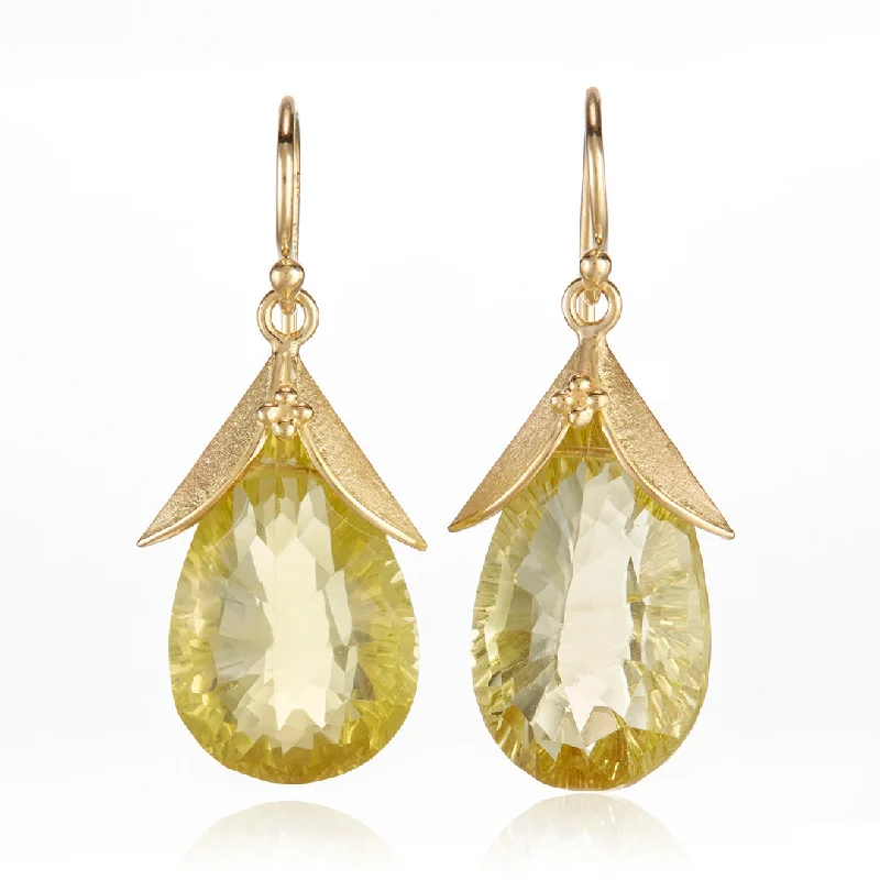 Women’s luxury gemstone earrings-Lemon Quartz Leaf Cap Drop Earrings