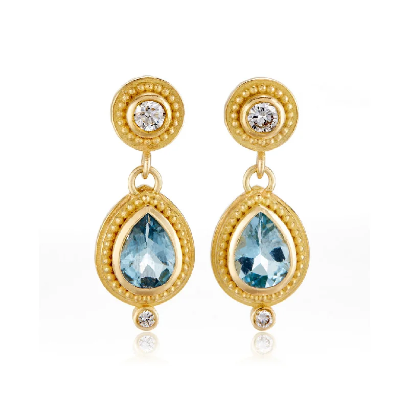 Women’s gold-plated earrings-Diamond & Aquamarine Drop Earrings