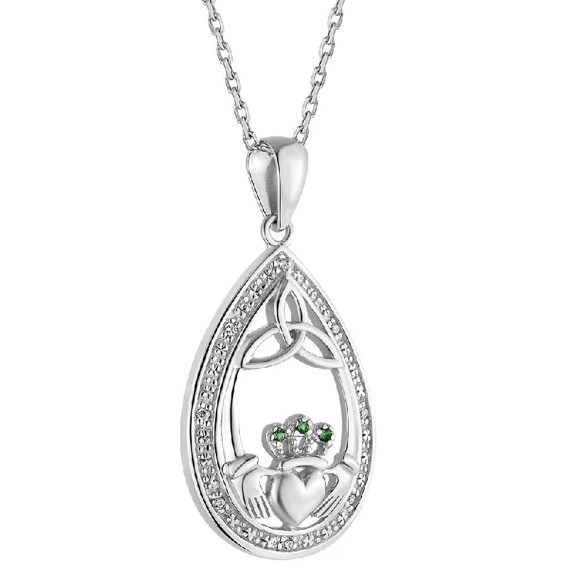 Women’s silver chain necklace-Sterling Silver Crystal Claddagh Oval Pendant with Chain - S46801