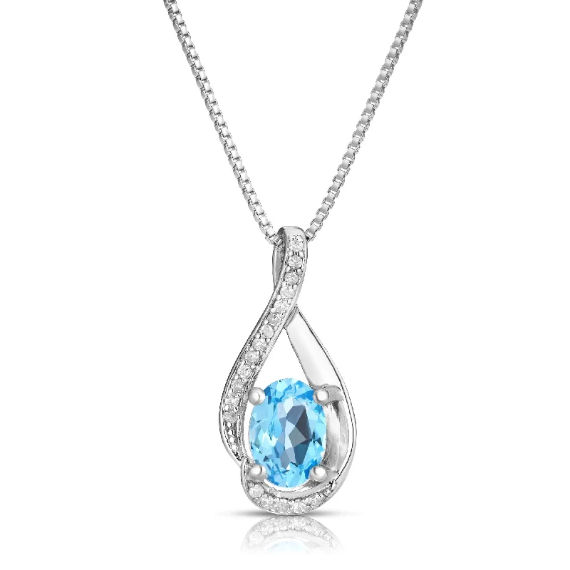 Women’s double-layer necklace-Oval Blue Topaz Diamond Swirl December Birthstone Pendant in Sterling Silver