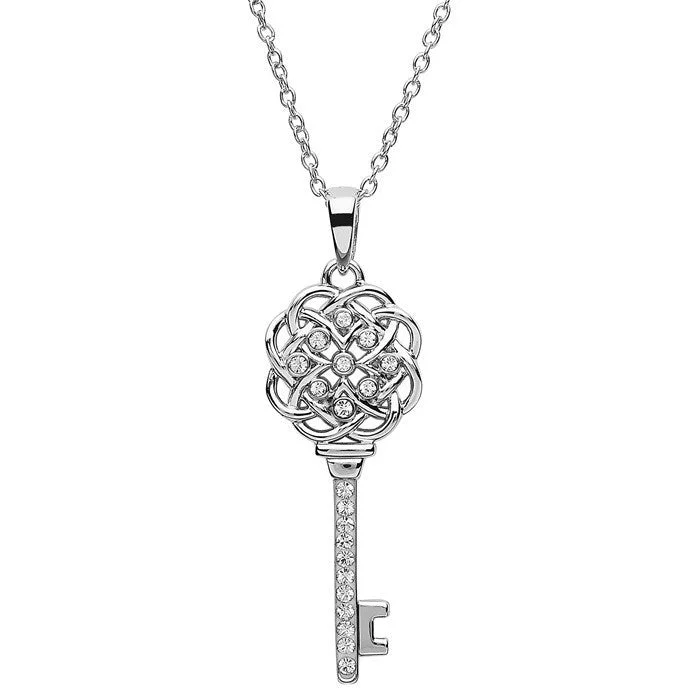 Women’s adjustable necklace-Sterling Silver Celtic Knot Key Pendant Encrusted with White Crystals and Chain SW104