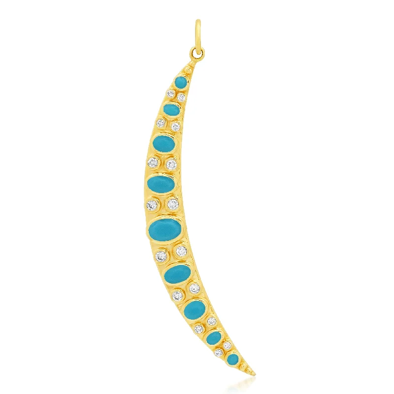 Women’s crystal necklace-Turquoise Samurai Crescent Moon Pendant Diamond 14kt Gold