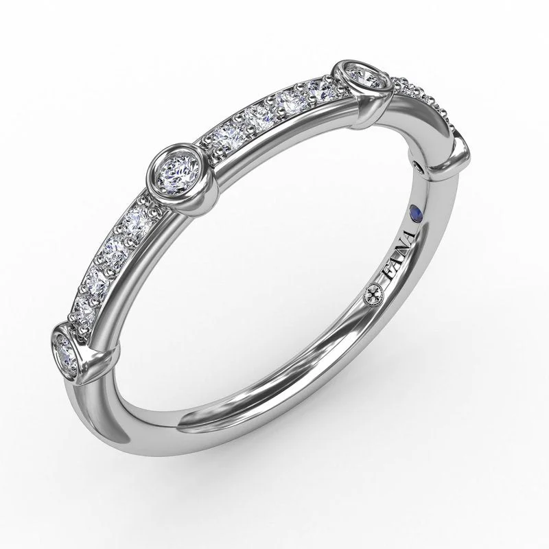 Women’s classic sapphire engagement ring-Bead Set Diamond Band with Diamond Bezel Stations W7337