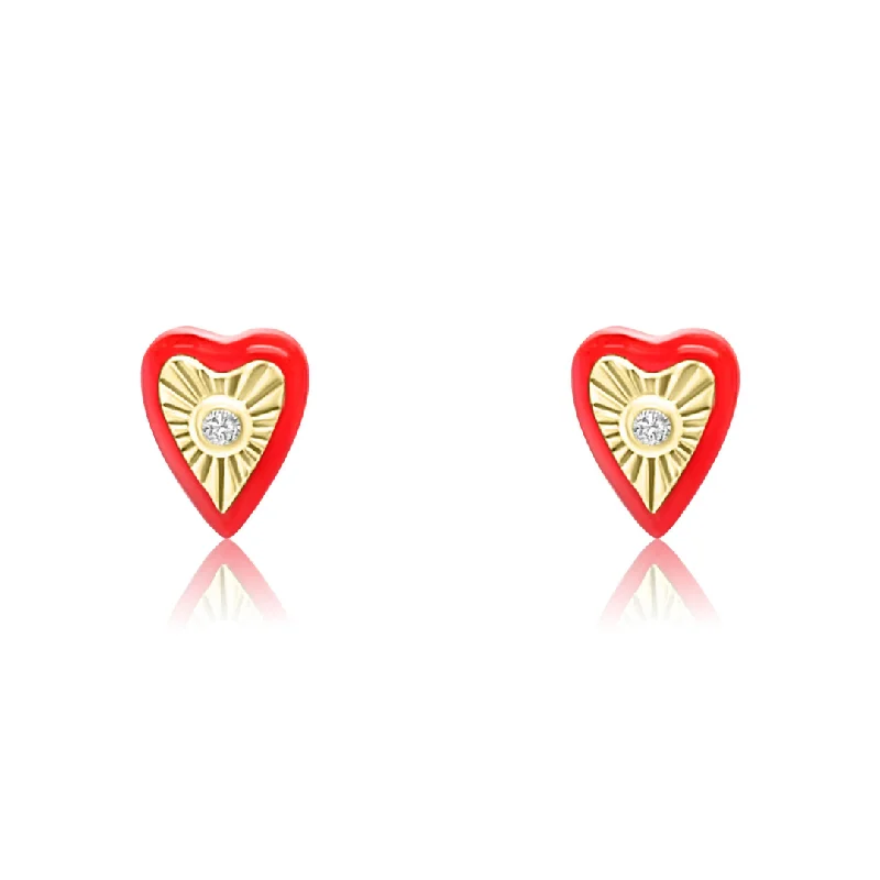 Women’s designer earrings-Enamel and Diamond Heart Studs